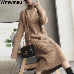 Turtleneck Loose Knitted Sweater Dress Korean Knitwear Long Dresses Thick Elegant Casual Vestidos Women Fall Winter New Robe