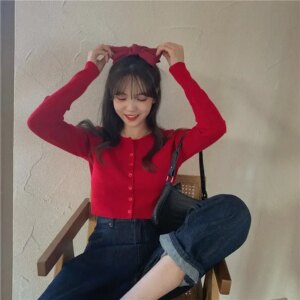 Woman Sweaters Cardigan Red V-neck Knitted Cardigan Women's Spring Slim-Fitting Style Short Jacket
