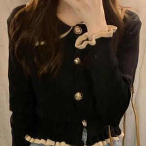 Jmprs Ruffles Sweet Cardigan Sweaters Women Fashion Slim Long Sleeve Knitted Short Coat Elegant Patchwork Korean Lady Black Tops