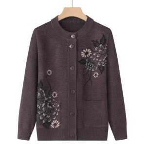 Korean Women's Clothes New Knit Woolen Printed Cardigan Coat Middle Aged Mother Knitwear Tops Vintage Grandma Sweater Jacket