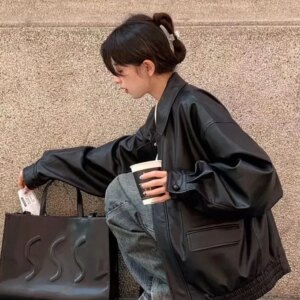 Vintage PU Leather Jacket Women High Street Techwear Oversized Moto Biker Coats BF Punk Loose Casual Cropped Outerwear