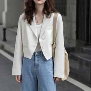 Fashion Design Cropped Suit Jacket Women 2025 Autumn Long Sleeve Korean Blazers Woman Solid Color Single-Breasted Office Coat