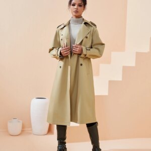 FSLE Women Trench Khaki Autumn Long Trench Coats Turn Down Collar Full Sleeve 100% Cotton Women Oversized Trench 24FS11325