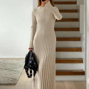 Tossy Lace-Up Female Knit Maxi Dress Autumn High Waist Fashion Patchwork Long Sleeve Loose Solid Dress Bandage Knitwear Dress