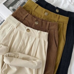 ZOKI High Waist Women Retro Corduroy Pants Fall Straight Causal Full Length Trousers Vintage Coffee Pockets All Match Pants New