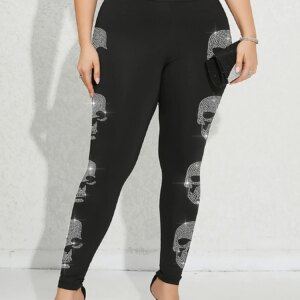 Plus Size Women's Pants Skeleton Pattern Rhinestone Leggings Gym Elasticity Sports Tights Casual Youthful Female Clothing Winter