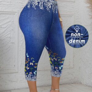 Plus Size Women's Capri Leggings with Butterfly Pattern Denim-Look Print Comfortable Stretch Fashion Casual Mid-Calf Knit Pants