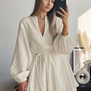 Oymimi Elegant Beige Cotton Womens Dresses Fashion V-Neck Long Sleeve Lace-Up Dresses Casual Loose Pleated Mini Dress Streetwear