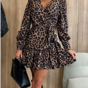 Women's Leopard Printed Dresses V-Neck Lace Up Bubble Long Sleeved Sexy Dress Elegant Dating Autumn Mini Dress