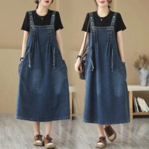 Oversized Women's Denim Skirt Spring Autumn Casual Suspenders Dress Cowboy Sleeveless Dress Female Long Adjustable Slip Dresses