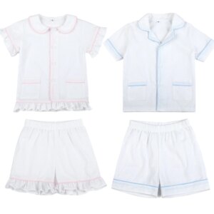 Wholesale 100% Cotton White Baby Clothes Toddler Boys Girls Pajamas Sets Sleepwear 2024 Summer Sibling Outfits Kids Pyjamas