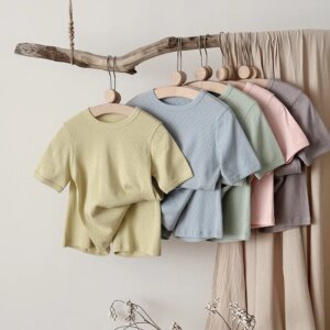 2025 A - Class Soft Cotton Solid Color Ribbed Home Pajamas Set for 0 - 4 Years Ins Style Breathable Boys Girl Home Wear Suit