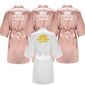 Birthday Party Queen Squad Robes Satin Pajamas Dressing Gown White Writing Kimono Rose Gold Bathrobe