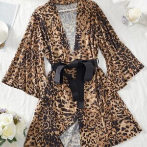 Leopard Print Mesh Bathrobe Sexy Summer Nightdress Cozy Bridesmaid Nightgown Wedding Party Robe Casual Loungewear Pijama