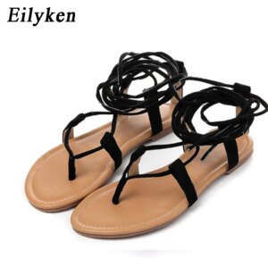 Eilyken Designer Ankle Strappy Flat Heels Women Sandals 2025 Summer Clip Toe Casual Roman Gladiator Flip Flops Shoes